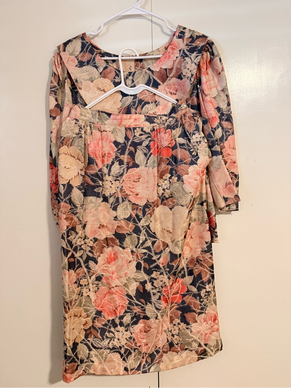 Floral  Off-Shoulder Women's Dress in Navy and Peache. The skirt is a little